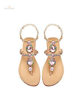 Rhinestone Gladiator Flat Sandals Bohemian Bridal Jeweled Gem Pearl